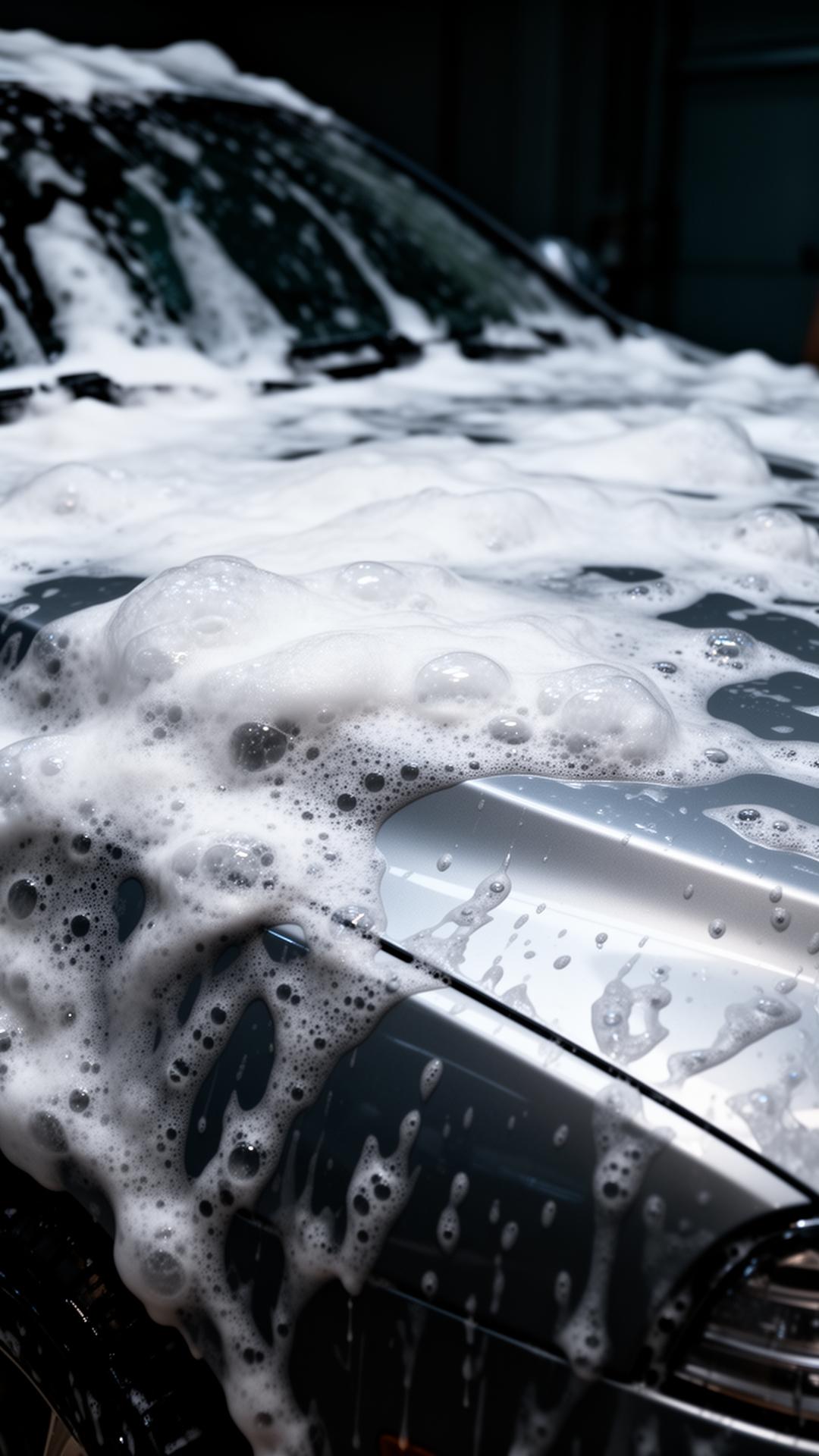 Foam covering a car during wash