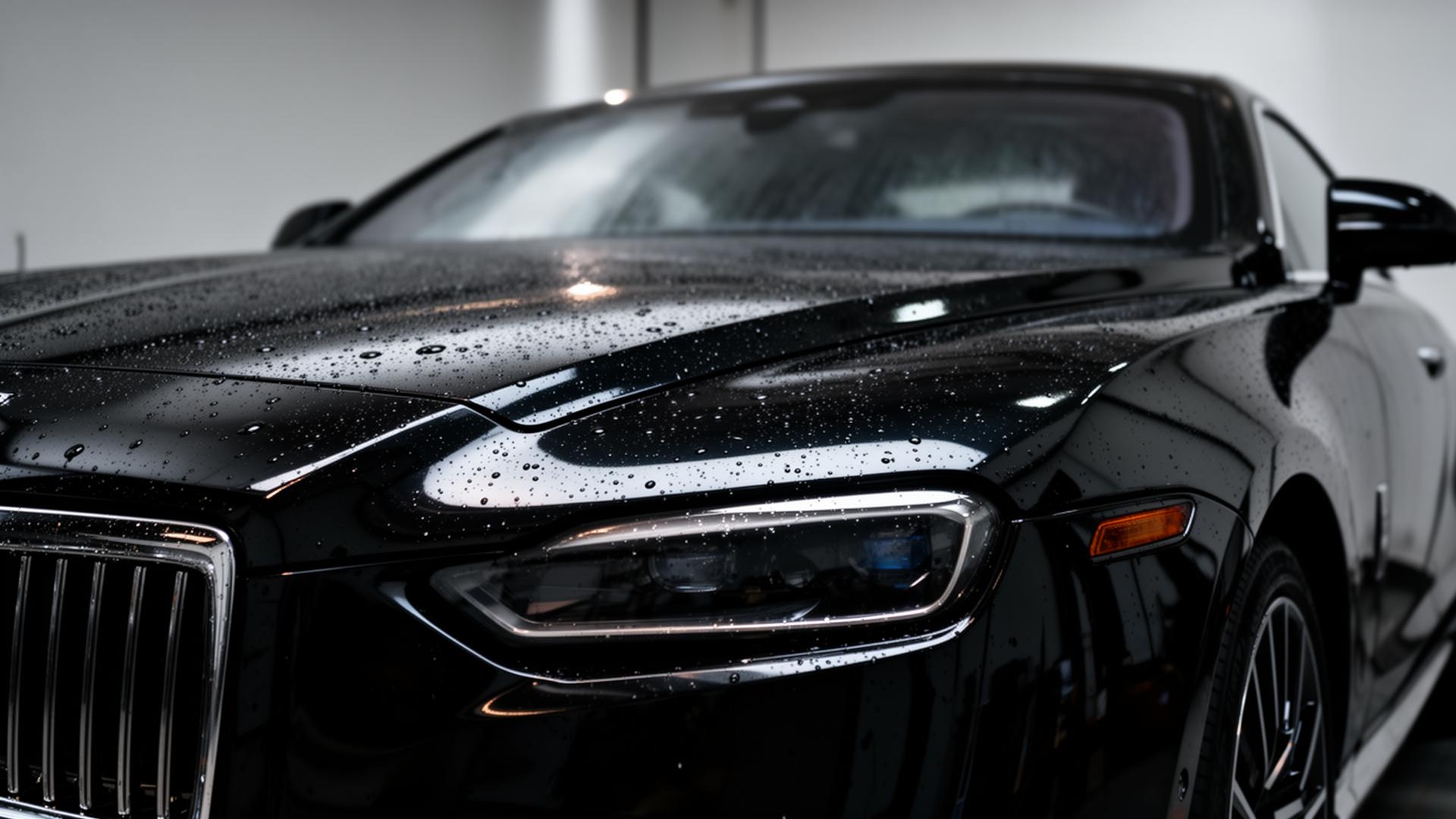 Detailed black luxury car with water droplets
